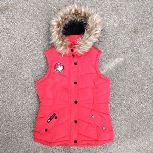 Canada Weather Gear Red Puffer Vest Faux Fur Hood Womens Size Medium